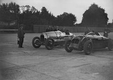 Delage of J Taylor and Bentley of Dudley Froy, Surbiton Motor Club race meeting, Brooklands, 1928. Artist: Bill Brunell