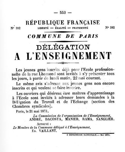 Delegation a L'Enseignement, from French Political posters of the Paris Commune,  May 1871. Artist: Unknown