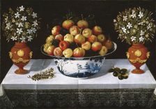 Delft Fruit Bowl and two Vases of Flowers, 1642. Creator: Tomás Hiepes