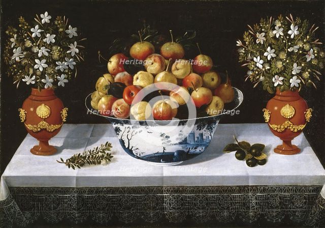 Delft Fruit Bowl and two Vases of Flowers, 1642. Creator: Tomás Hiepes.