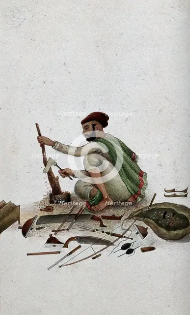 Delhi: a carpenter chipping at wood, (between 1800 and 1899?). Creator: Unknown.