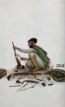 Delhi: a carpenter chipping at wood, (between 1800 and 1899?). Creator: Unknown
