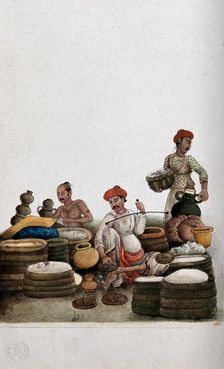 Delhi: selling rice in a bazaar, (between 1800 and 1899?). Creator: Unknown