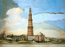 Delhi: Qutab Minar, adjoining ruins and the tomb of Imam Zamin, (1820?). Creator: Ghulam Ali Khan