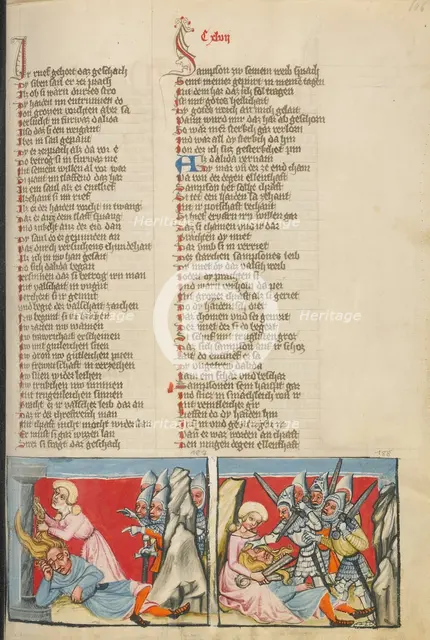 Delilah Tying Samson's Hair to a Column: Delilah Cutting Samson's Hair, about 1400-1410. Creator: Unknown.