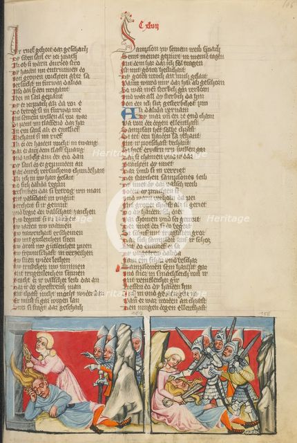 Delilah Tying Samson's Hair to a Column: Delilah Cutting Samson's Hair, about 1400-1410. Creator: Unknown.