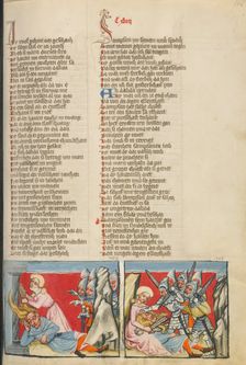 Delilah Tying Samson's Hair to a Column: Delilah Cutting Samson's Hair, about 1400-1410. Creator: Unknown