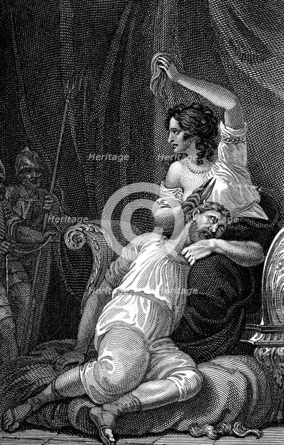 Delilah cutting Samson's hair, thus taking away his strength, 1820. Artist: William Marshall Craig