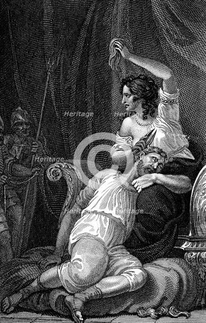Delilah cutting Samson's hair, thus taking away his strength, 1820. Artist: William Marshall Craig