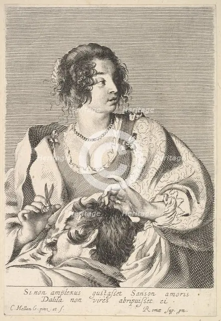 Delilah preparing to cut Samson's hair with scissors in her right hand, below her ches..., ca. 1629. Creator: Nicolas Viennot.