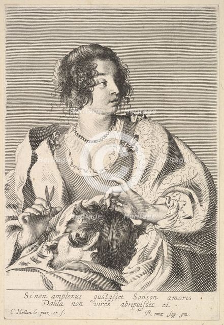 Delilah preparing to cut Samson's hair with scissors in her right hand, below her ches..., ca. 1629. Creator: Nicolas Viennot.