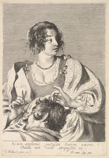 Delilah preparing to cut Samson's hair with scissors in her right hand, below her ches..., ca. 1629. Creator: Nicolas Viennot
