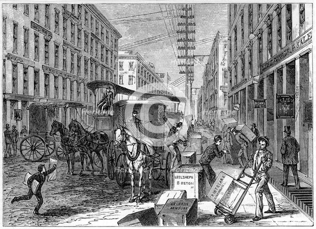 Deliveries and collections taking place at Wells Fargo depot, New York, USA, 1875. Artist: Unknown