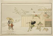 Delivering New Year Gifts in the Snow, from the illustrated kyoka anthology "The Young God..., 1789. Creator: Kitagawa Utamaro