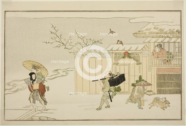 Delivering New Year Gifts in the Snow, from the illustrated kyoka anthology "The Young God..., 1789. Creator: Kitagawa Utamaro.