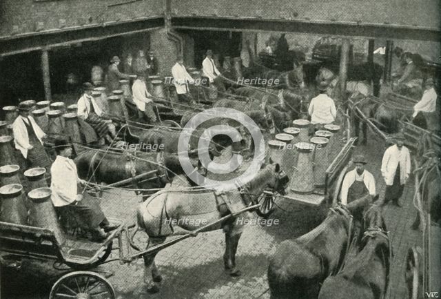 'Delivery Vans Starting from Messrs, Freeth and Pocock's Central Depot at Vauxhall', 1902. Creator: Unknown.