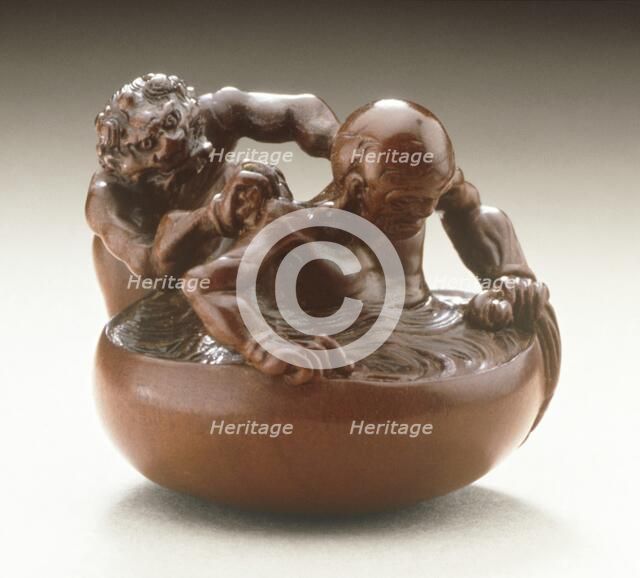 Demon with Temple Guardian in Bath, Mid-19th century. Creator: Miwa School.