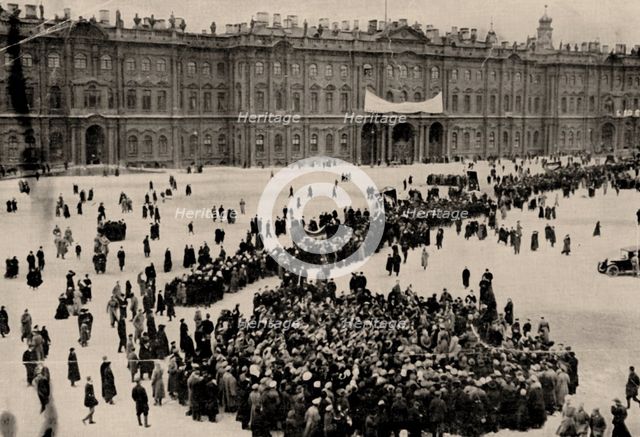 Demonstrators gather in front of the Winter Palace in Petrograd, 1917.
