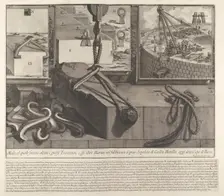 Demonstration panel showing technique for raising travertine and marble blocks for the con..., 1756. Creator: Giovanni Battista Piranesi