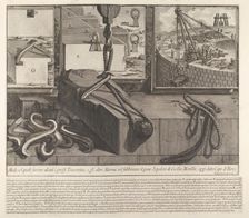 Demonstration panel showing technique for raising travertine and marble blocks for the con..., 1756. Creator: Giovanni Battista Piranesi