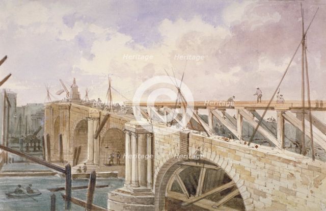 Demolition work being carried out on Blackfriars Bridge, 1864. Artist: George Maund