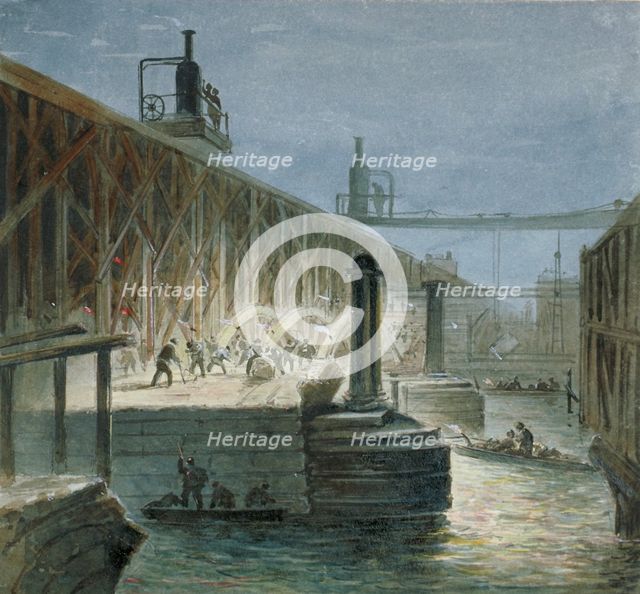 Demolition work being carried out on Blackfriars Bridge from the Surrey shore, London, 1865. Artist: George Maund