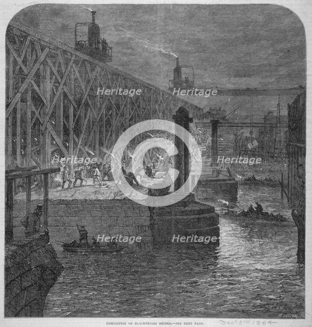 Demolition work being carried out on Blackfriars Bridge from the Surrey shore, London, 1864. Artist: Anon