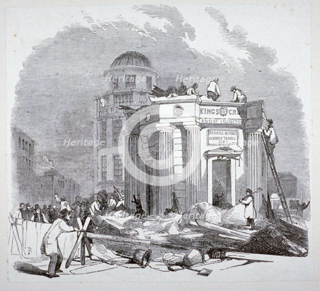 Demolition of the monument to George IV, King's Cross, London, 1845. Artist: Anon