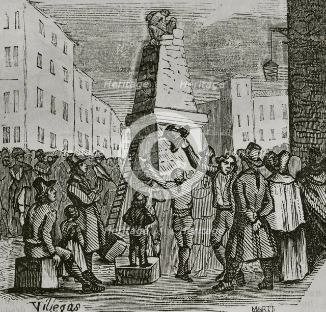 Demolition of the Pyramid of Roncesvalles after the occupation by French troops, War of..., 1851.  Creator: Unknown.