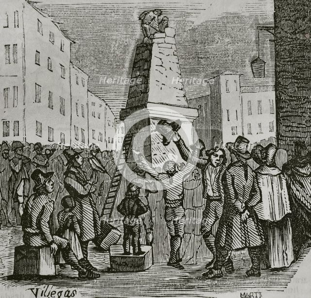 Demolition of the Pyramid of Roncesvalles after the occupation by French troops, War of..., 1851.  Creator: Unknown.