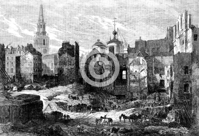 Demolition of Hungerford Market: view looking towards the Strand, 1862.  Creator: Mason Jackson.