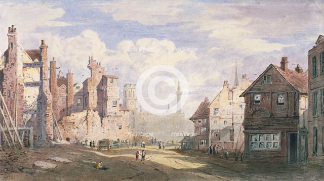 Demolition of old houses near Walbrook to make way for King William Street, City of London, 1834. Artist: James Fahey