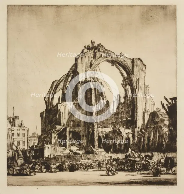 Demolition of St. James' Hall, exterior, 1907. Creator: David Muirhead Bone.