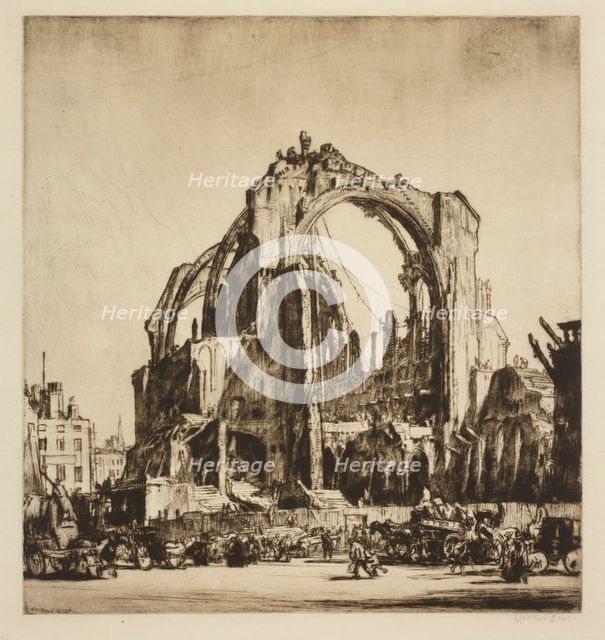 Demolition of St. James' Hall, exterior, 1907. Creator: David Muirhead Bone.