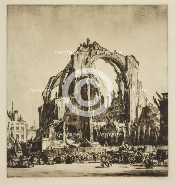 Demolition of St. James' Hall, exterior, 1907. Creator: David Muirhead Bone.