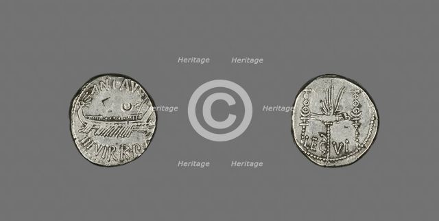 Denarius (Coin) Depicting a Galley, 32-31 BCE, issued by Marc Antony. Creator: Unknown.