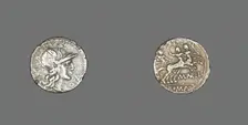 Denarius (Coin) Depicting the Goddess Roma, 139 BCE, issued by the Aurelia family. Creator: Unknown