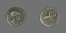 Denarius (Coin) Depicting the Goddess Roma, about 136 BCE. Creator: Unknown