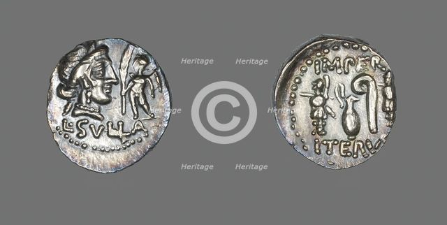 Denarius (Coin) Depicting the Goddess Venus with Cupid, 84-83 BCE. Creator: Unknown.