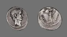 Denarius (Coin) Portraying Mark Antony, 42 BCE, issued by C. Vibius Varus. Creator: Unknown