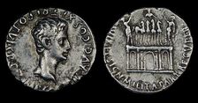 Denarius of Augustus. Obverse: Head of Augustus. Reverse: quadriga on..., 18th-16th cen. BC. Creator: Numismatic, Ancient Coins