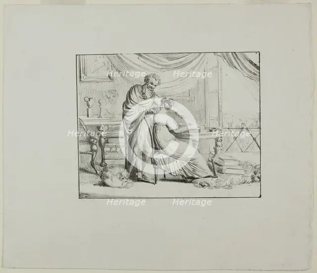Denon Instructing a Young Woman Drawing on a Lithographic Stone, c. 1820. Creator: Vivant Denon.