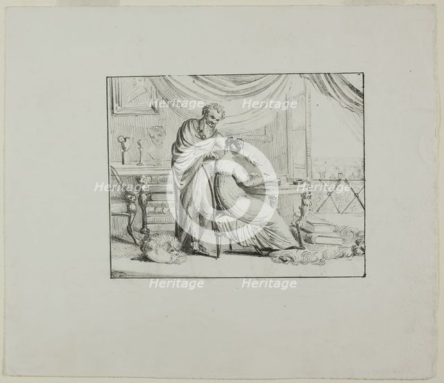 Denon Instructing a Young Woman Drawing on a Lithographic Stone, c. 1820. Creator: Vivant Denon.