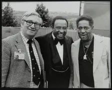 Dennis Matthews of Crescendo International with Lionel Hampton and Dizzy Gillespie, London, 1979. Creator: Denis Williams