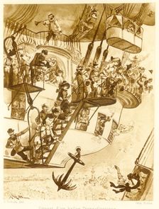 Départ d’un ballon transatlantique, from Le Vingtieme Siecle, pub. 1883 (lithograph), 1883. Creator: Albert Robida (1848 - 1926)