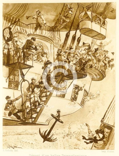 Départ d’un ballon transatlantique, from Le Vingtieme Siecle, pub. 1883 (lithograph), 1883. Creator: Albert Robida (1848 - 1926).