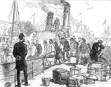 Departure of a Cunard steamer from Liverpool: going on board the tender, 1881. Creator: Unknown