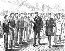 Departure of a Cunard steamer from Liverpool: muster of the crew for inspection, 1881. Creator: Unknown