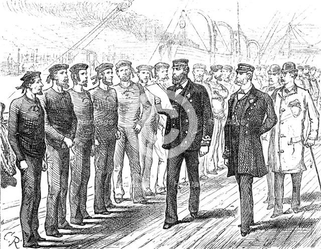 Departure of a Cunard steamer from Liverpool: muster of the crew for inspection, 1881. Creator: Unknown.