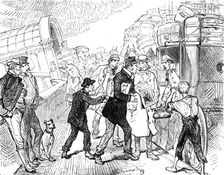 Departure of a Cunard steamer from Liverpool: passengers arriving at the landing-stage, 1881. Creator: Unknown